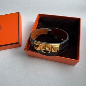 Hermès Médor Double Tour Black Leather Bracelet with Gold Hardware
